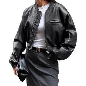 🆕Women Black Faux Leather Cropped Bomber Jacket Baseball Collar Zip Up